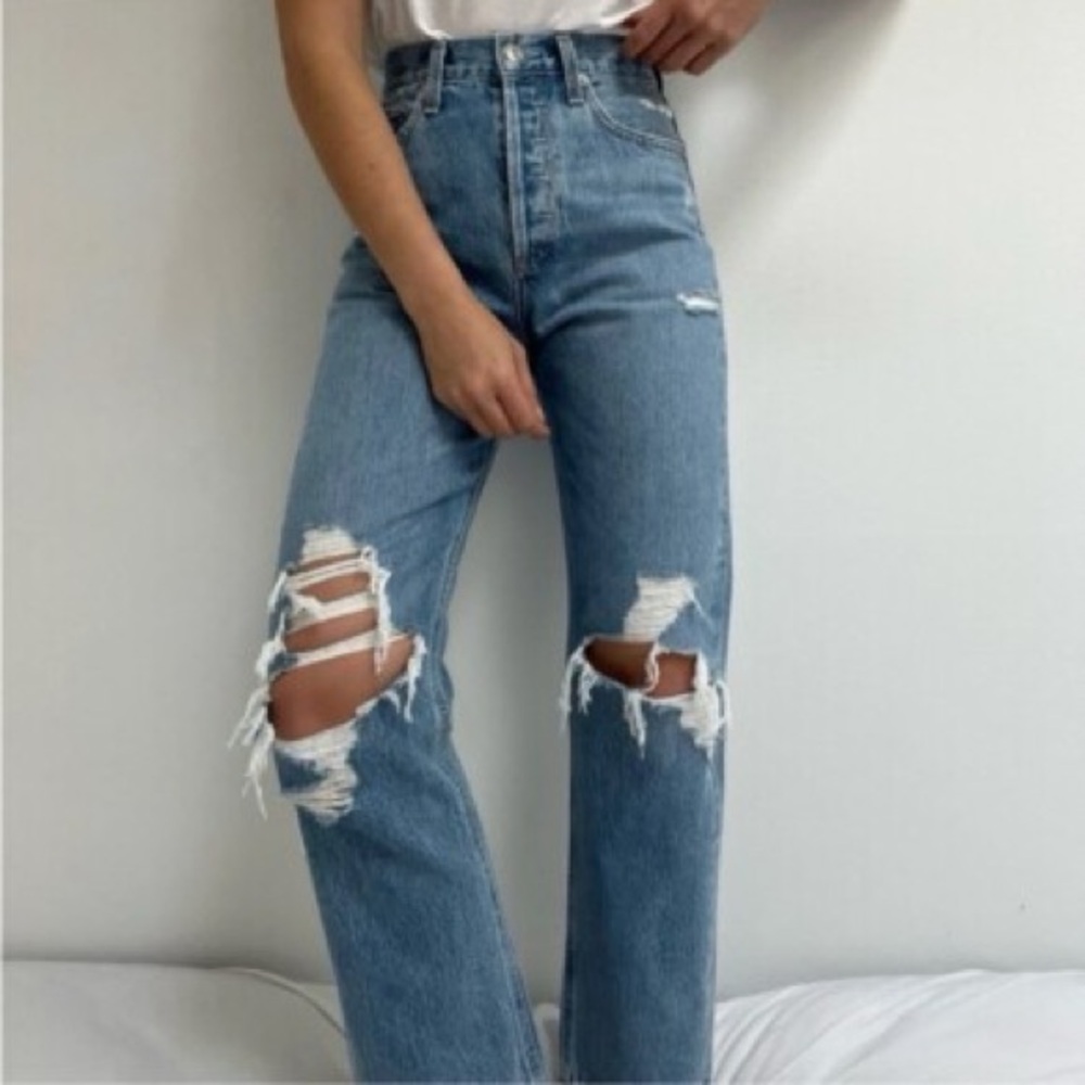 AGOLDE 90s High Rise Loose Fit Distressed Jeans- Medium Blue- 32